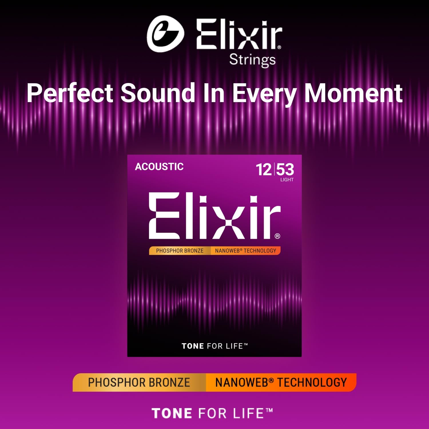 Elixir Strings, Acoustic Guitar Strings, Phosphor Bronze with NANOWEB Technology, Longest-Lasting Rich and Full Tone For Life with Comfortable Feel, 6 String Set, Light 12-53