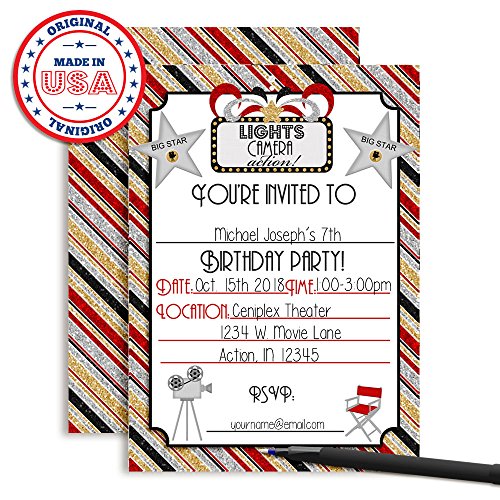 Lights, Camera, Action Movie Birthday Party Invitations, 20 5"X7" Fill In Cards With Twenty White Envelopes By Amandacreation #TOP2