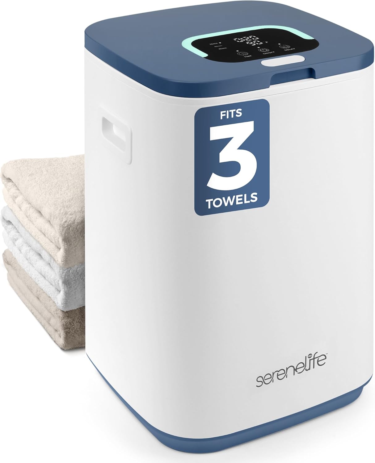 SereneLife Square Towel Warmer for Bathroom, Fits 3 Large Towels, Luxury Heater Bucket with LED Display, 24-Hour Delay, 3 Heating Modes & Child Lock for Oversized Bathrobes, PJs, and More (Blue)