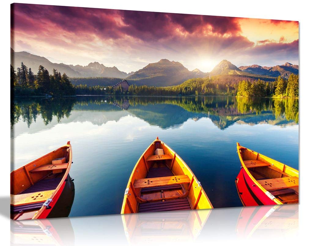 Panther Print Mountain Landscape Lake Sunset Three Boats Trees Canvas Wall Art Picture Print (36X24)