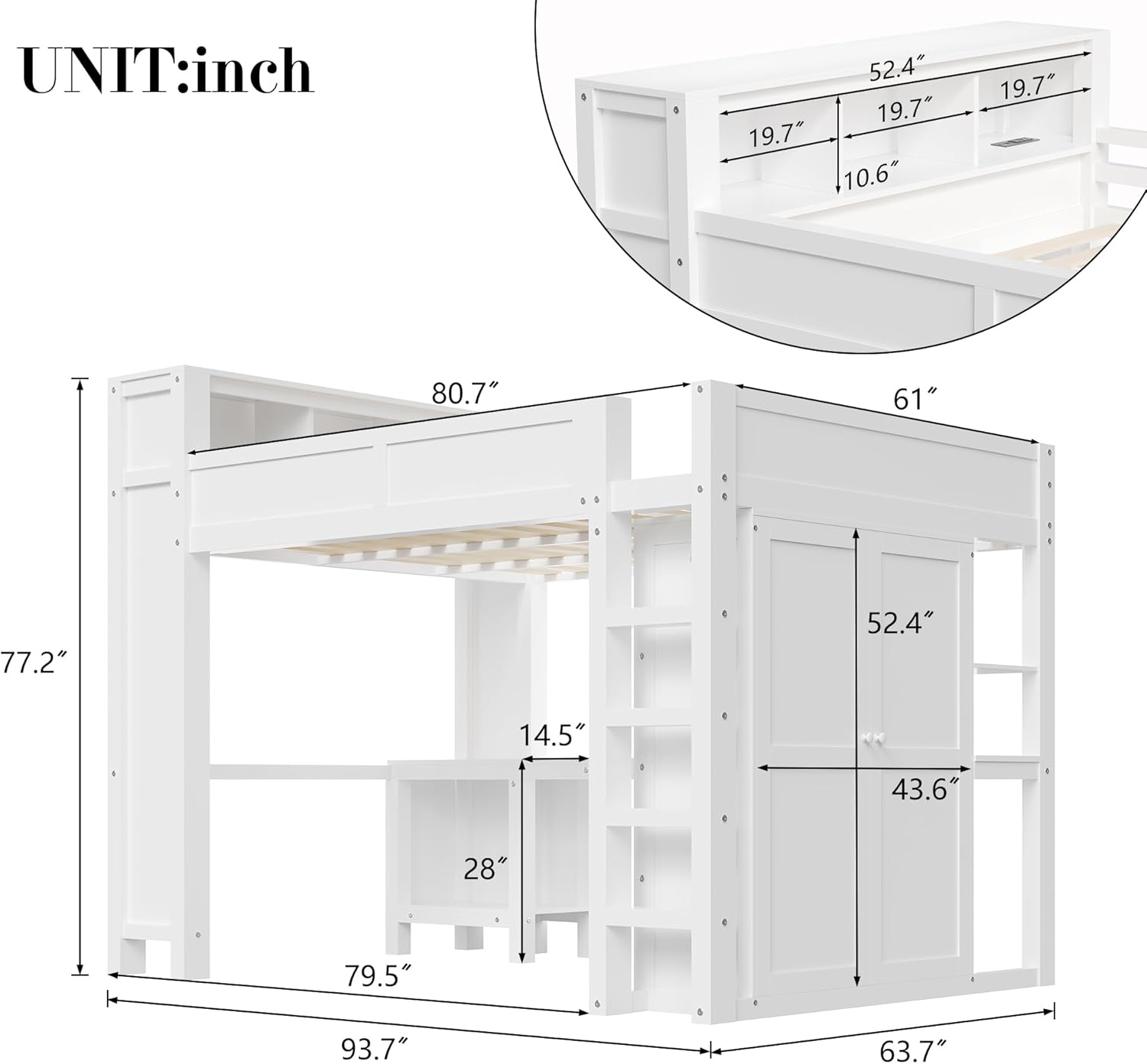 Diagram showing the overall dimensions of the Polibi Queen Size Loft Bed, including length, width, and height, as well as internal dimensions for the desk, wardrobe, and headboard storage.