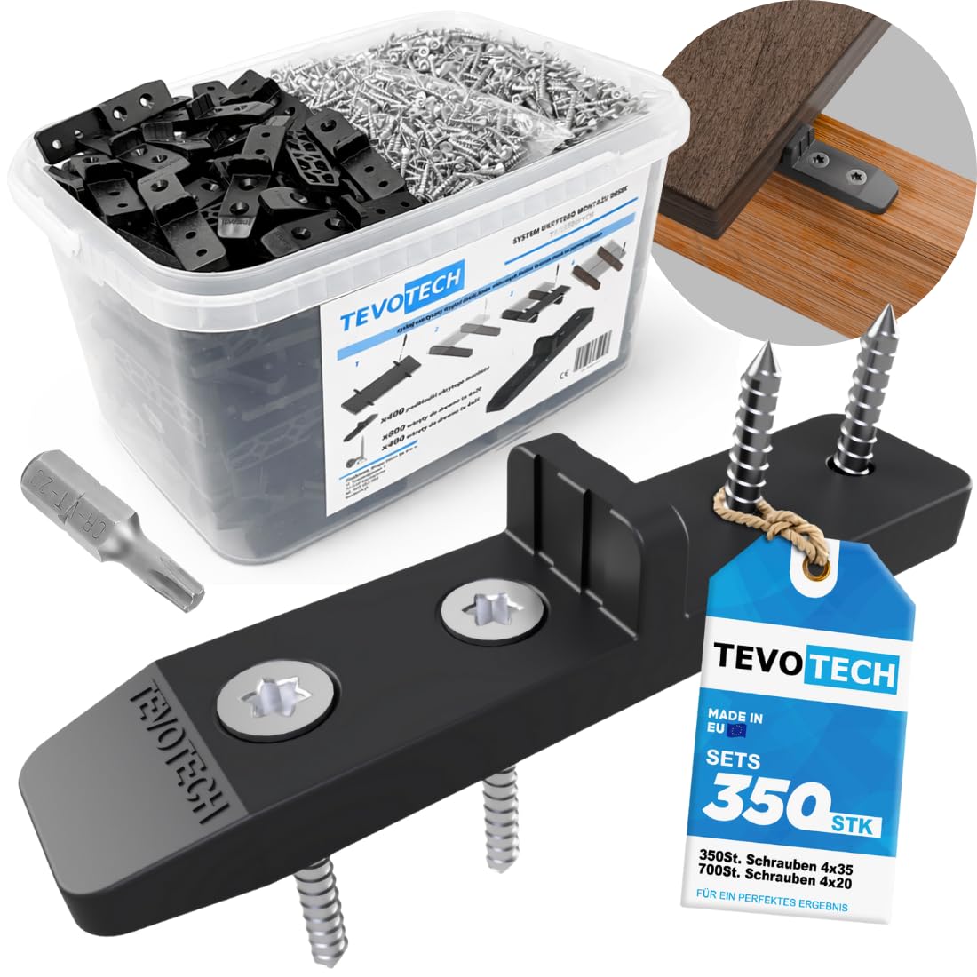 TEVOTECH Terrassenverbinder Set (350 Stück) inkl. Edelstahlschrauben – Unsichtbare Befestigung für Holz-Terrassendielen – Kunststoffclips mit Abstandshalter