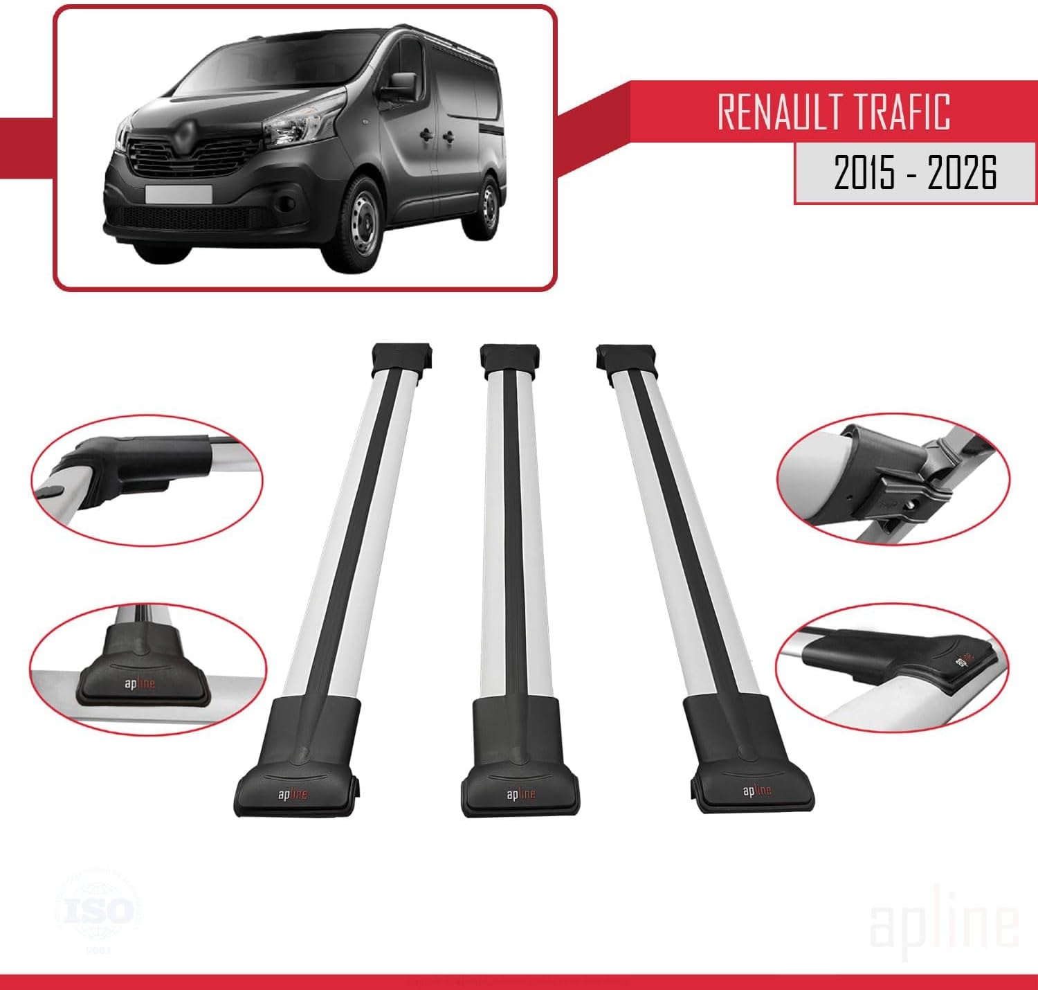 Compatible with Renault Trafic 3 (X82) 2015-2026 Fly Model Car Roof Rack Cross Bar Grey Aluminium 3 Bars