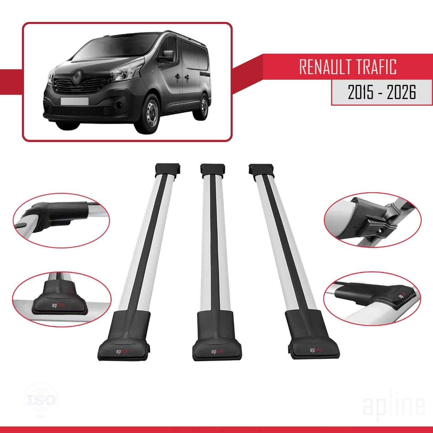 Compatible avec Renault Trafic 3 (X82) 2015-2025 Fly Model Barres de Toit Railing Porte-Bagages de Voiture Gris Aluminium 3 Barres
