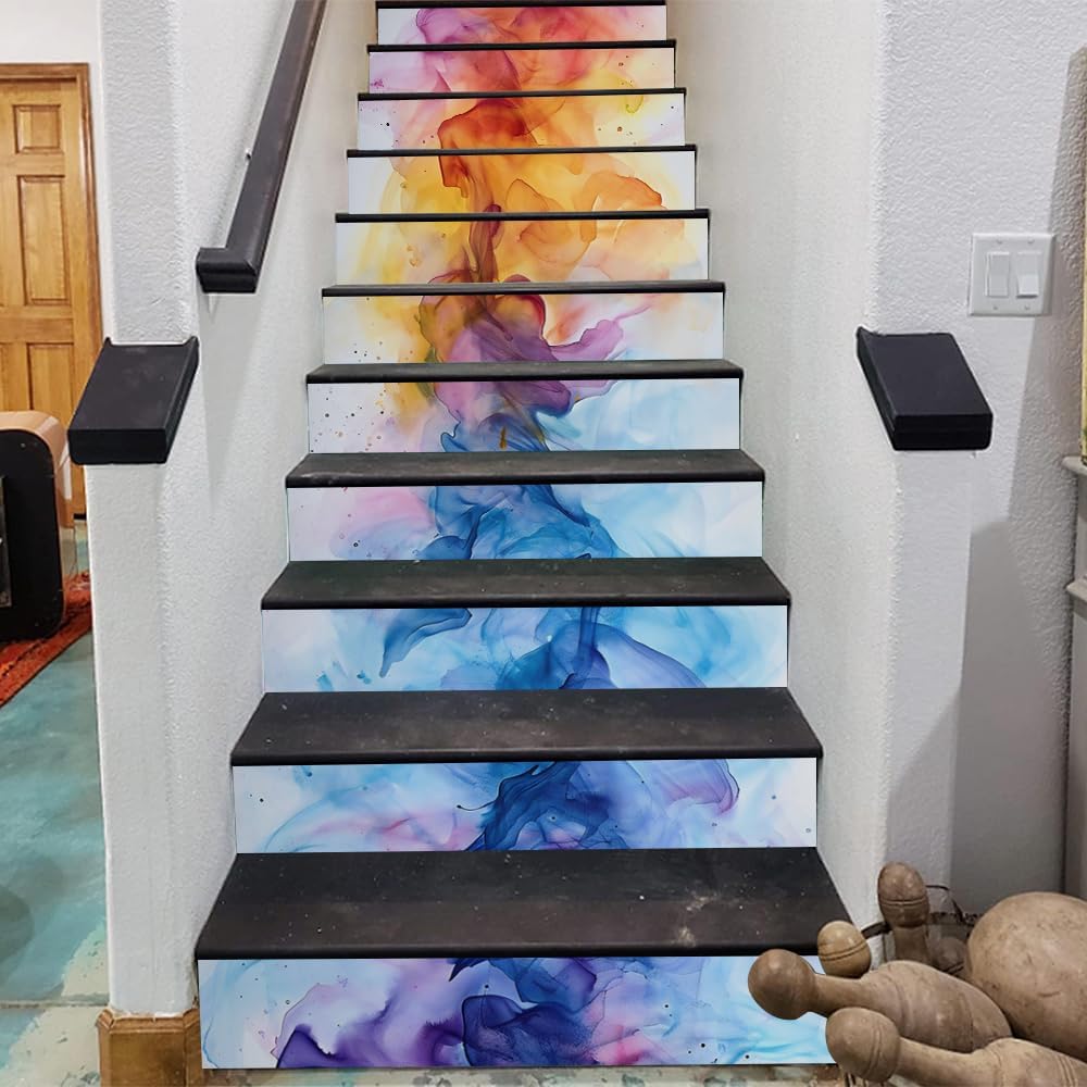 Peel and Stick Vinyl Stair Riser Decals Staircase Tile Stair Stickers Abstract Rainbow Colorful Art Decor Modern Marble Decoration Mural Self-Adhesive Wallpaper (14 Pcs)