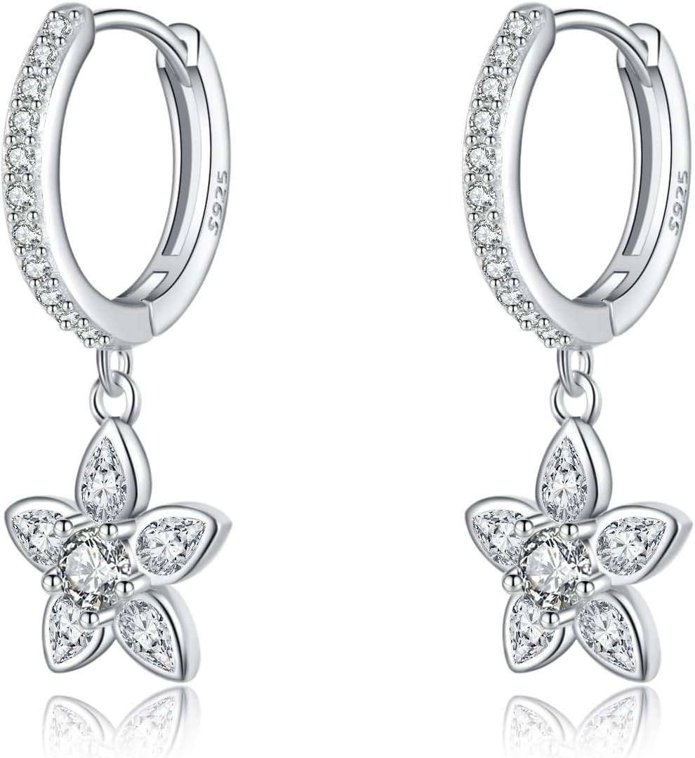 Reffeer Solid 925 Sterling Silver CZ Flower Earrings Dangle for Women Teen Girls Flower Drop Hoop Earrings Huggie