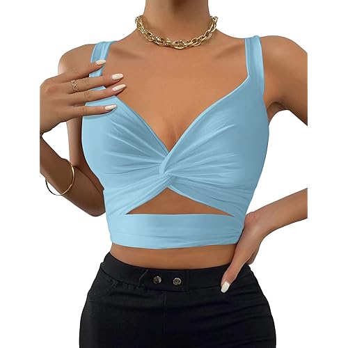 Meladyan Women Slim Fit Ruched Crisscross Deep V Neck Bandage Cropped Vest Solid Lace Up Sleeveless Crop Tank Tops