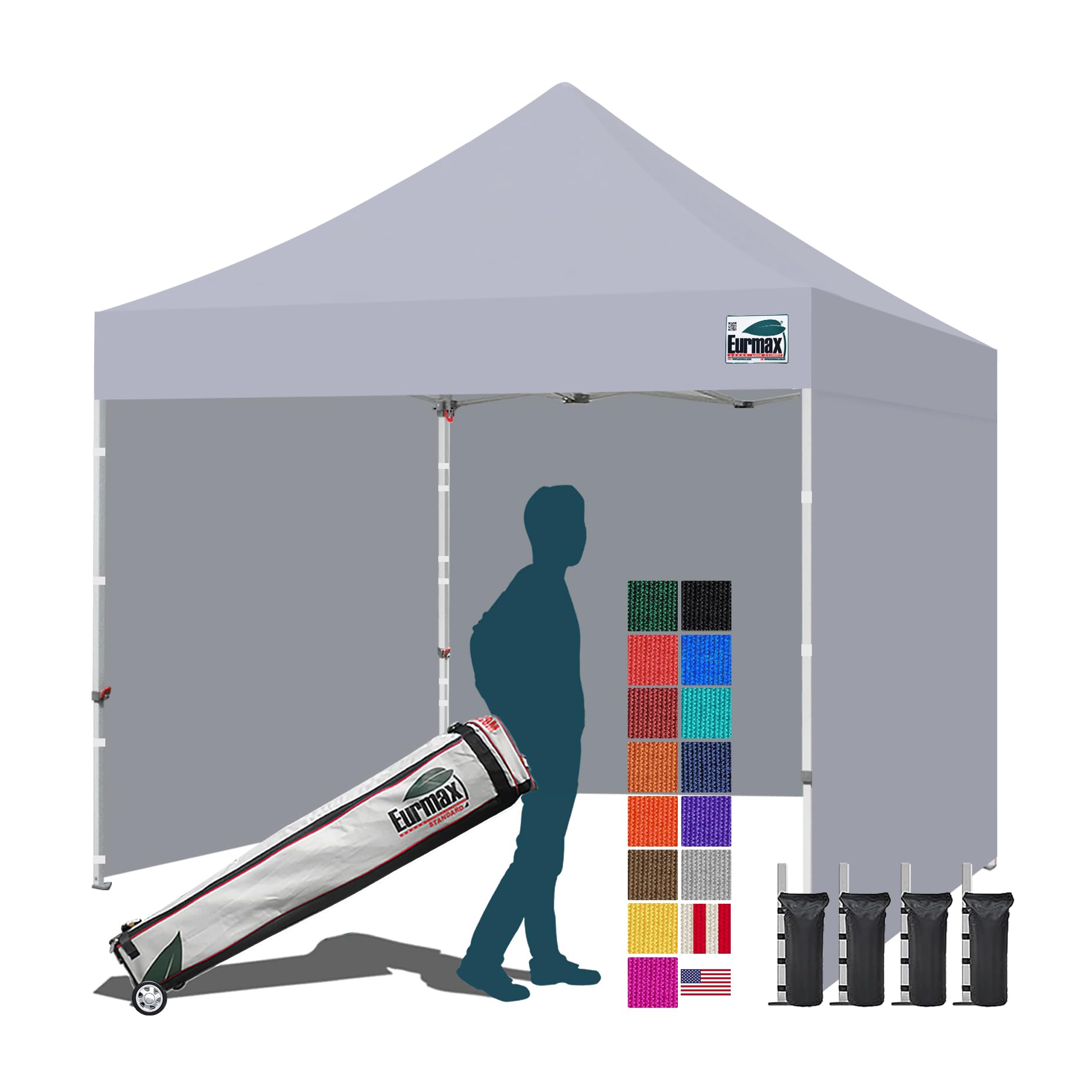 Eurmax USA 10x10 Pop Up Canopy Tent,Commercial Tent with Patented No-Tip Rolling Bag,4 Zippered Removable Walls,UV &amp; Water Resistant Canopy Top,Heavy Duty Outdoor Gazebo,Instant Shelter(Gray)