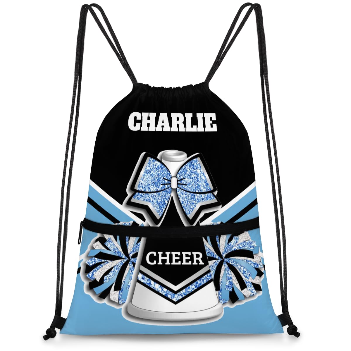 RIRIX Personalized Drawstring Backpack Cheer Bag Dance Bag Gymnastics Bag for Girl, Custom Sport Sackpack String Gym Bag Black Blue Sliver Cheerleader