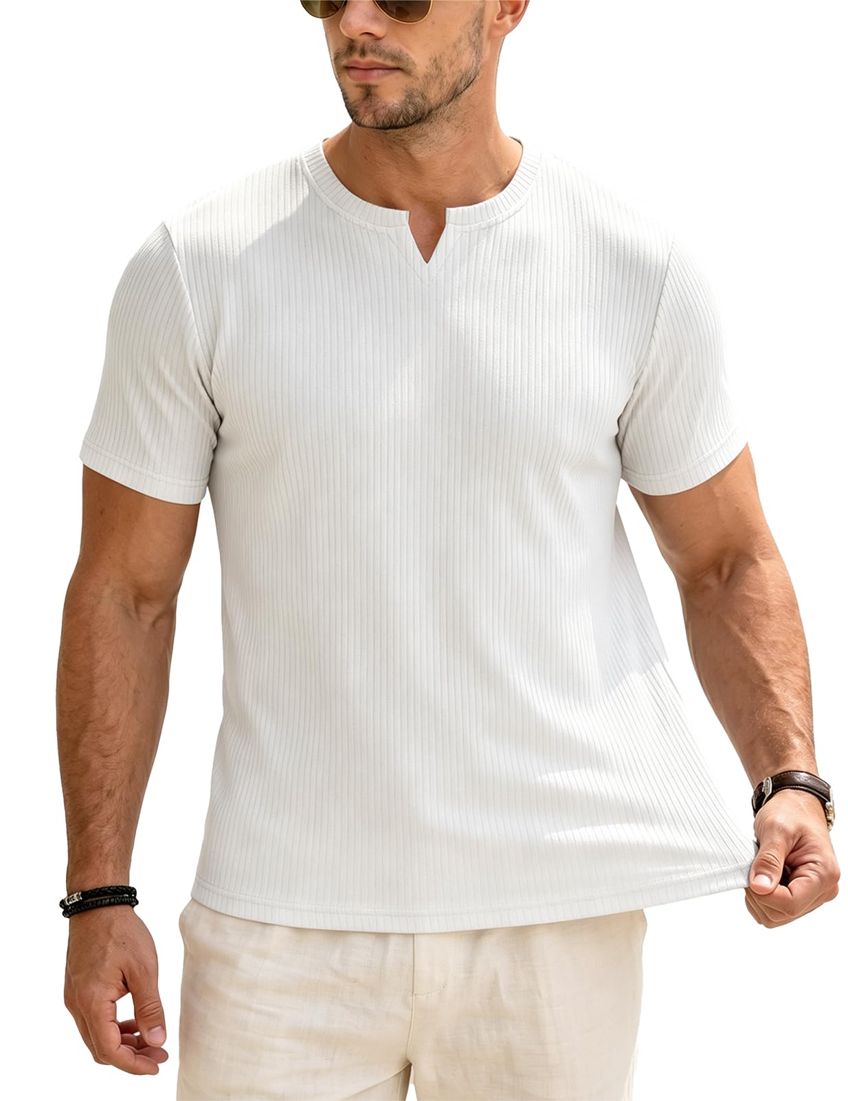 Muscle Cmdr-Camiseta de Manga Larga/Corto Hombre Stretch Slim Fit tee V Cuello Camiseta Interior para Hombre