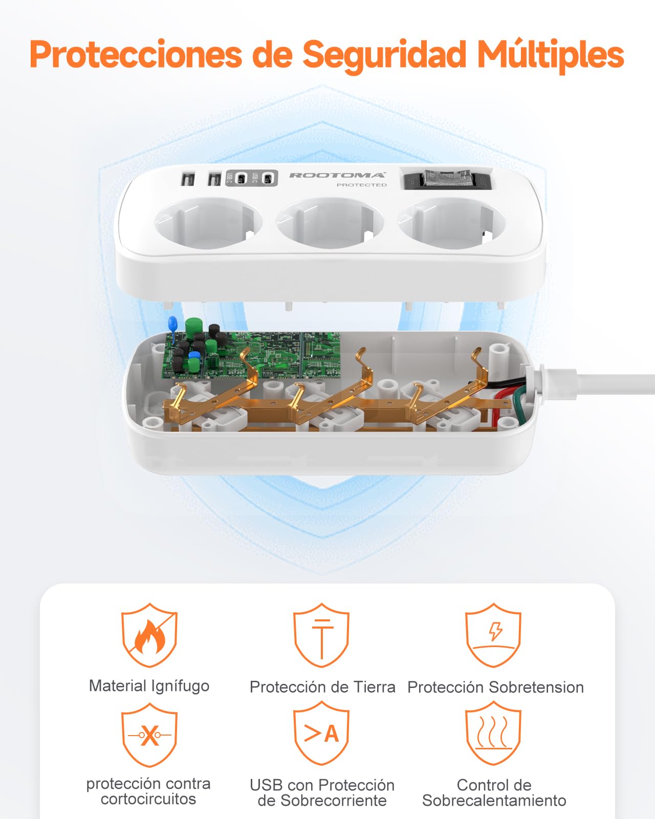 Regletas Enchufes con USB, Protección Sobretensión, 3 Tomas con Interruptor, Enchufe Múltiple de Carga 2 USB C y 2 USB A (5V/3,1A), Cable 1,5m, Ideal para Viajes y Hogar, 16A/4000W — view 4