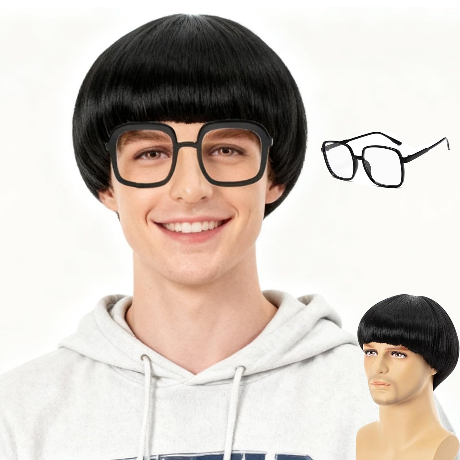 FYXZHUO Men’s Short Black Full Bang Straight Wig with Glasses Bowl Cut Hairstyle Wig for Cosplay Costume Anime Party Halloween