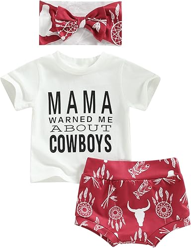 Mandizy Ropa de bebé recién nacida camiseta de manga corta con estampado de vaquera occidental pantalones cortos con diadema 3 piezas