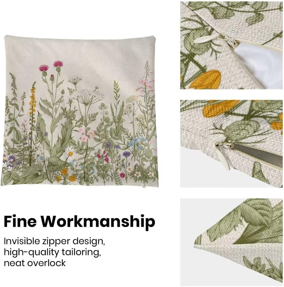 Spring Flower Pillow Covers 24 X 24 Inch Set of 2, Green Herbs Plant Leaf Floral Throw Pillow Covers Spring Cushion Case Farmhouse Decorative Pillows for Couch Sofa Home