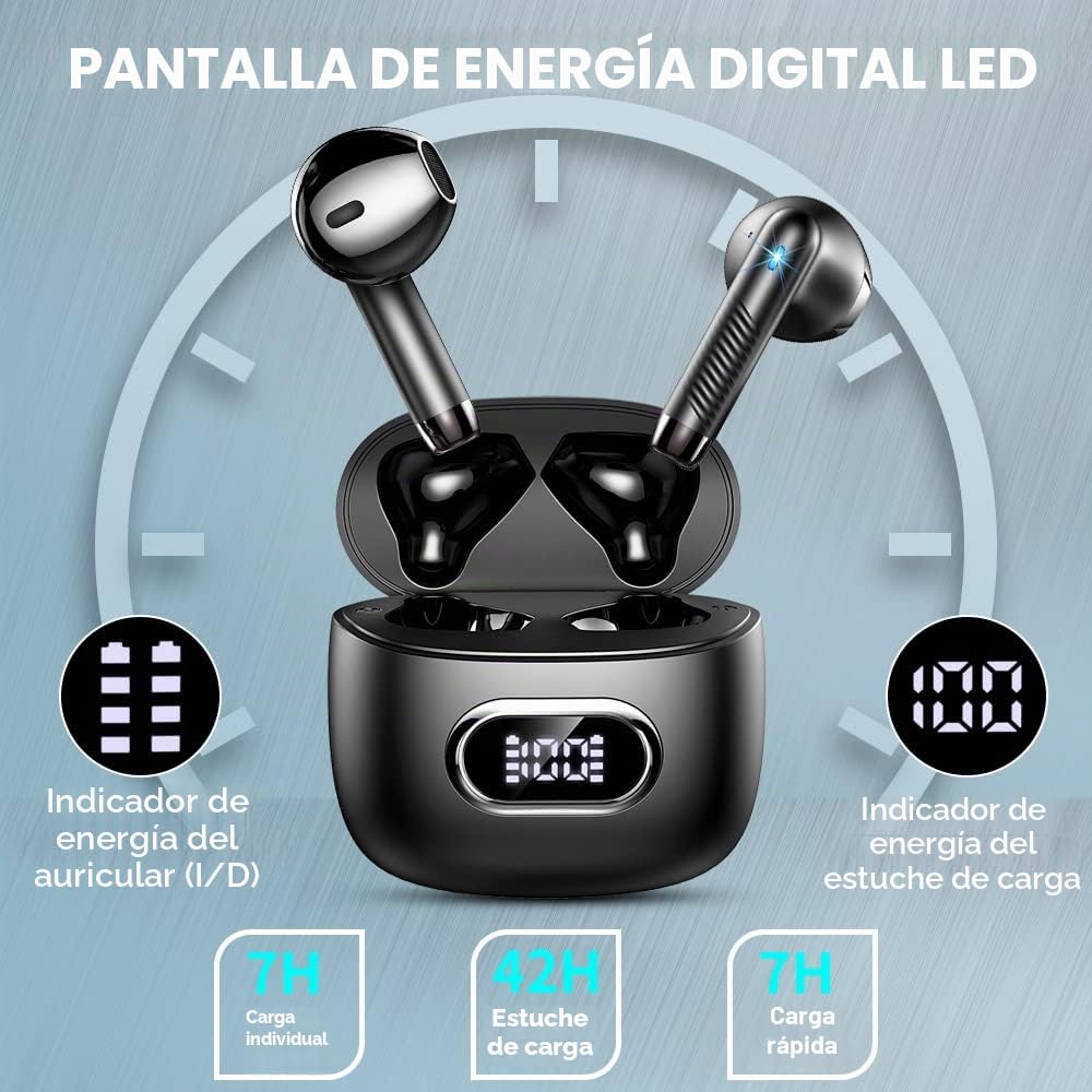 Auriculares Inalámbricos, auriculares Bluetooth 5.3 con HD Mic, HiFi Estéreo Cascos Inalambricos Bluetooth, IP7 Impermeable 42H Cancelación de Ruido In-Ear Auriculares, Control Táctil/LED/Carga USB-C