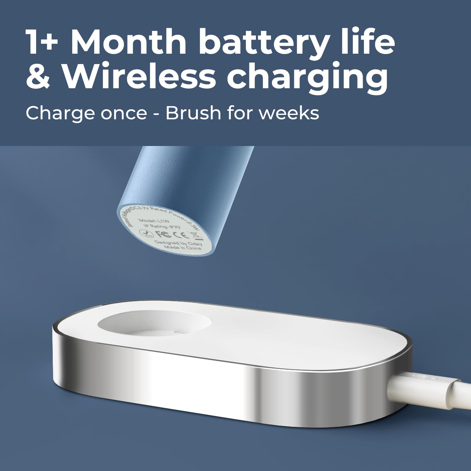 ODAY Sonic Spazzolino Elettrico per Adulti con Porta Spazzolino da Parete e 4 Testine, Ricarica Wireless, Impermeabile IPX7, 1 Mese+ Batteria, Blu