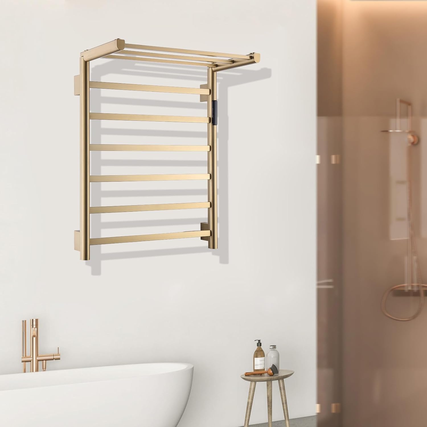 Electric Towel Warmer, LED Display Towel Warmer WiFi Control Towel Heater Wall Mounted Heated Towel Rack Thermostatic Towel Warmers for Bathroom Foldable 45-70℃ 1-24H Brushed Gold