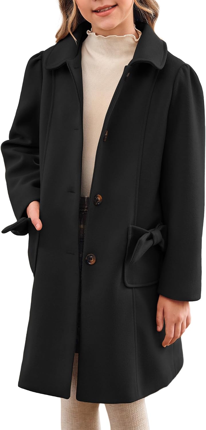 Meikulo Girls Single Breasted Dress Coat Kids Winter Outerwear Jackets Bowknot Pockets 5-14 Years