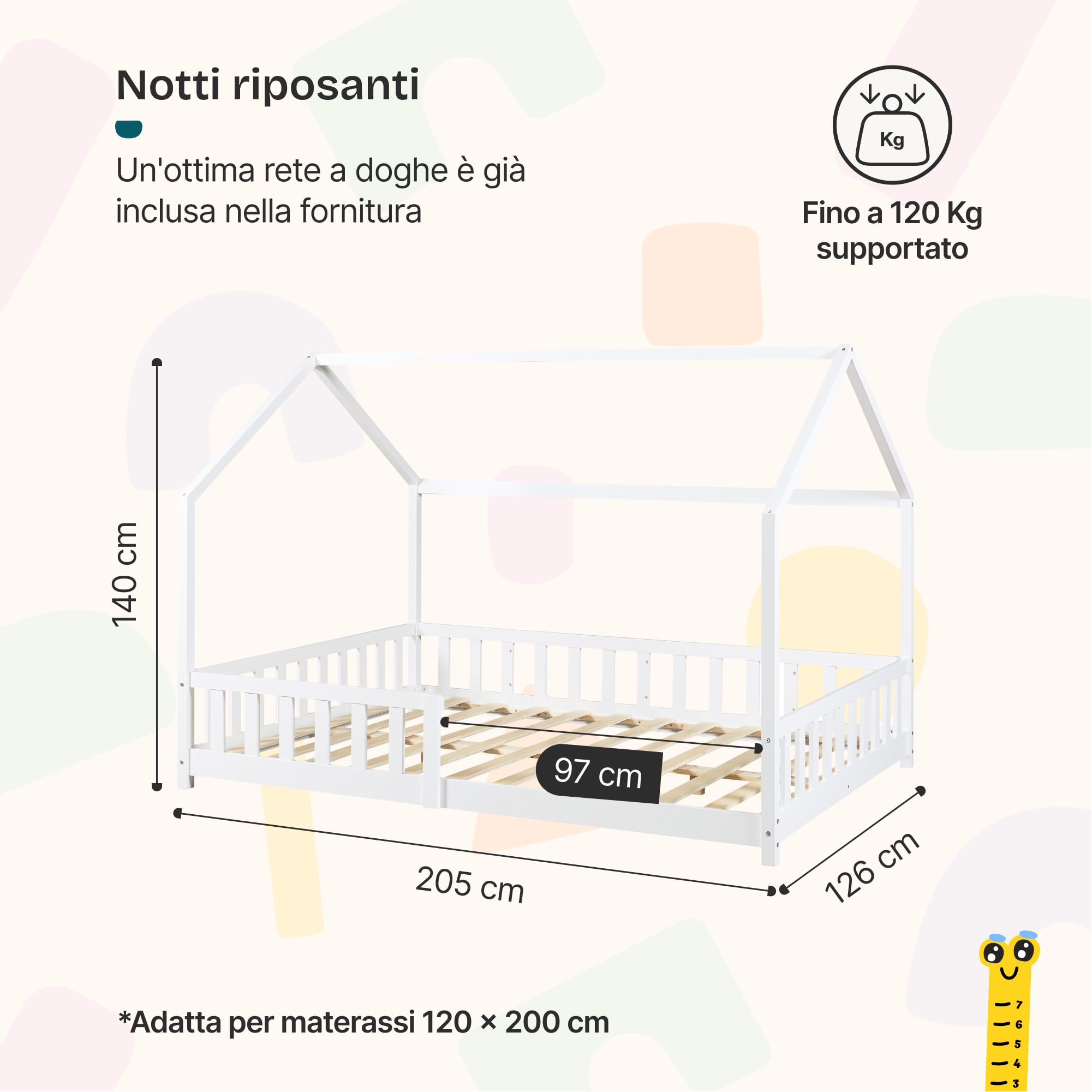 [en.casa] Letto per Cameretta Lettino a Forma di Casetta con Sbarre Letto Piazza e Mezza per Bambini Struttura in Legno di Pino 120 x 200 cm Bianco