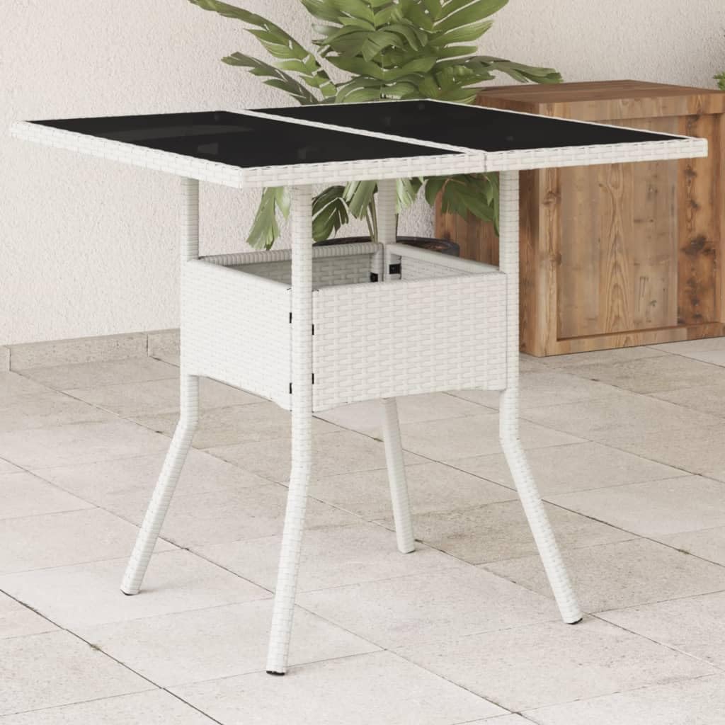SXZenSpace Poly Rattan Garden Coffee Table 80x80 cm with Tempered Glass Top, White Bistro Style Outdoor Patio for Balcony, Lawn and Terrace