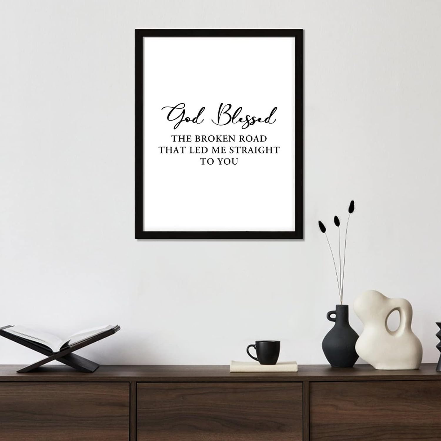 Religious Quotes Wooden Frame Vintage Wall Art Christian Saying God Blessed the Broken Road That Led Me Straight to You Framed Wooden Sign Family Wood Signs for Office Coffee Bar Decor 20x16in