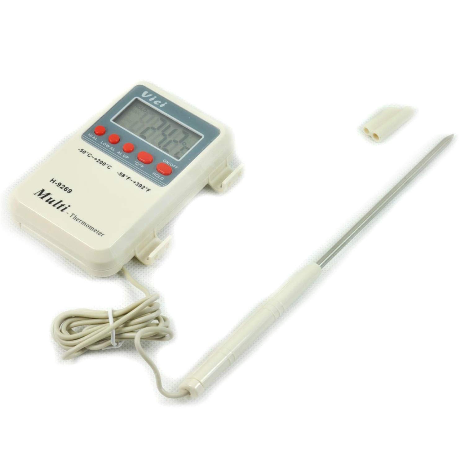 Termómetro digital H-9269 Termómetro digital for alimentos con alarma de temperatura alta y baja. Mini sensor de acero inoxidable for colgar en la pared del escritorio incluido. Plato for barbacoa