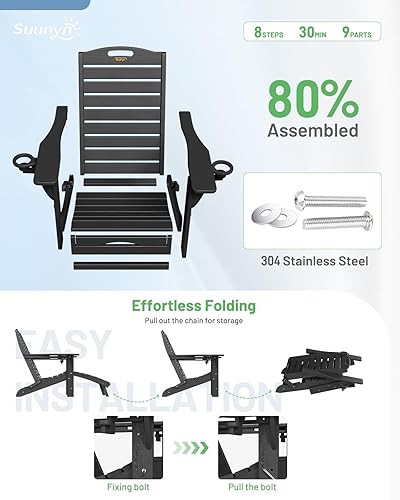 Miniatura 6 de Silla plegable Adirondack con otomana retráctil, resistente a la intemperie, silla de patio con 2 portavasos, silla de jardín al aire libre (negro)