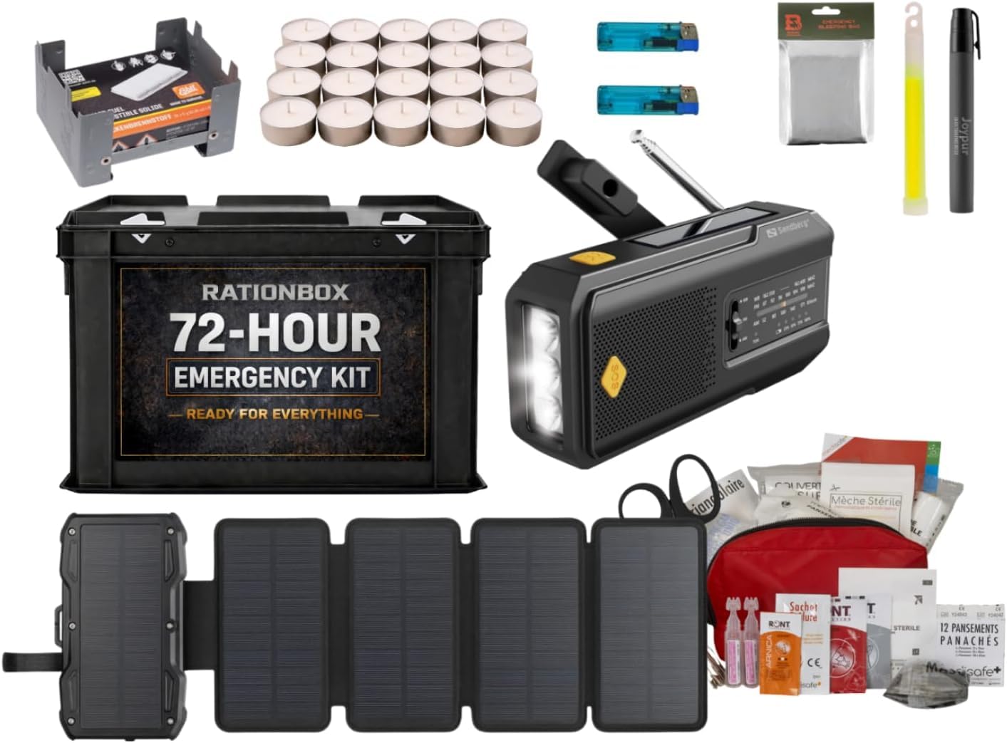 Kit de Survie d’Urgence 72 Heures – Radio Solaire, Batterie Externe, Trousse de Premiers Secours, Bougies et Essentiels de Secours pour la Maison, la Voiture et la préparation aux catastrophes