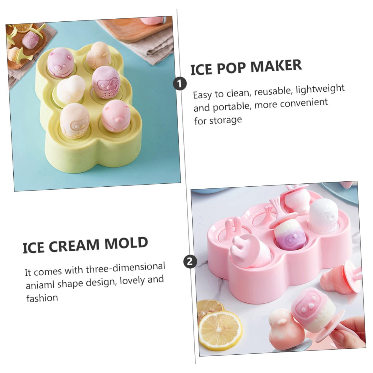 4 juegos Moldes de Silicona para Helados DIY Moldes de Animales para Polos Cubitos de Hielo y Yogur y Prácticos para Verano