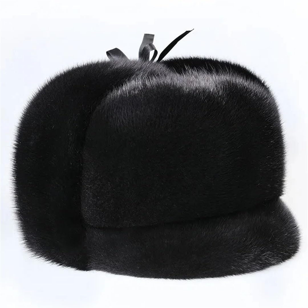 Gorra de invierno para hombre y mujer, de piel de visón, unisex, para exteriores, cálido, motociclismo, visón natural, Estilo 2 negro, 55/57 cm