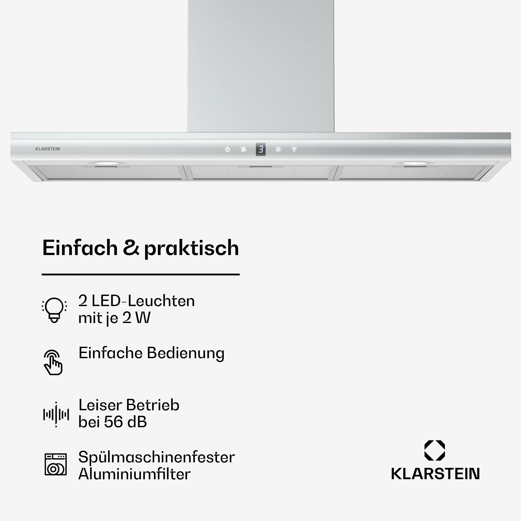 Klarstein Auriana Dunstabzugshaube - 90 cm Wandhaube, 700 m³/h Luftdurchsatz, A+ Energieeffizienz, WLAN- & Touch-Steuerung, LED-Beleuchtung 6000 K, 110 W Motor, Schwarz