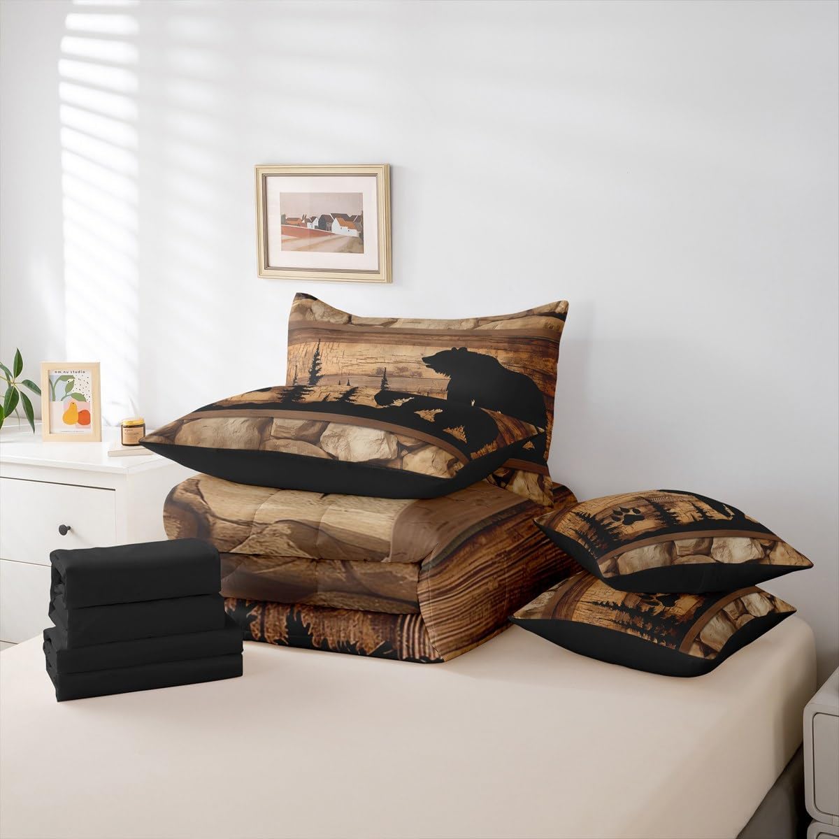 Erosebridal Black Bear Queen Comforter Set 7 Pieces,Bed in a Bag Queen,Woodland Animals Paw Print Pine Trees Bedding Set with Brown Rustic Lodge Cabin Comforter,Flat Sheet,Fitted Sheet,Pillowcasess