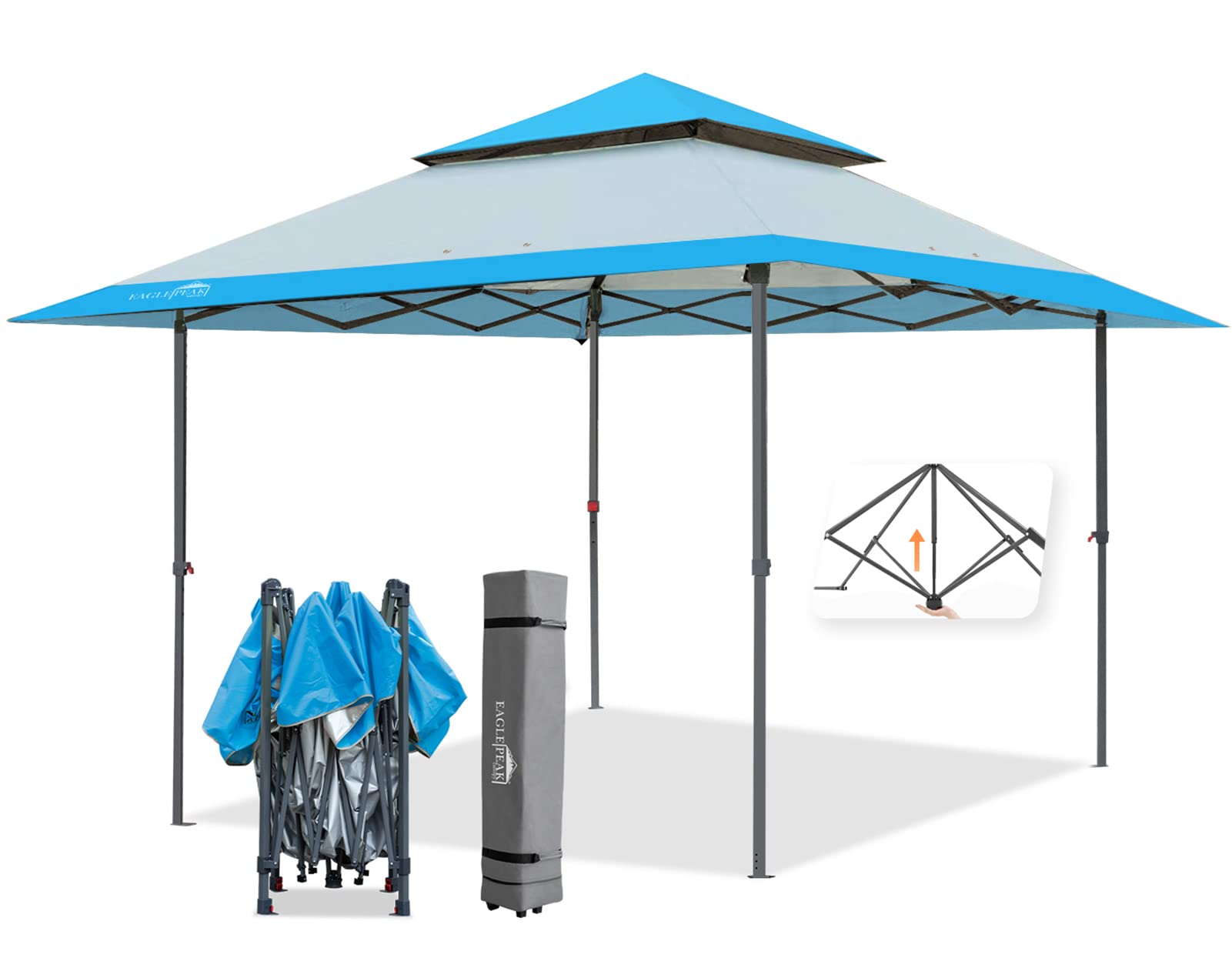 EAGLE PEAK 13'x13' Straight Leg Pop Up Canopy Tent Instant Outdoor Canopy Easy Single Person Set-up Folding Shelter w/Auto Extending Eaves 169 Square Feet of Shade (Light Blue)