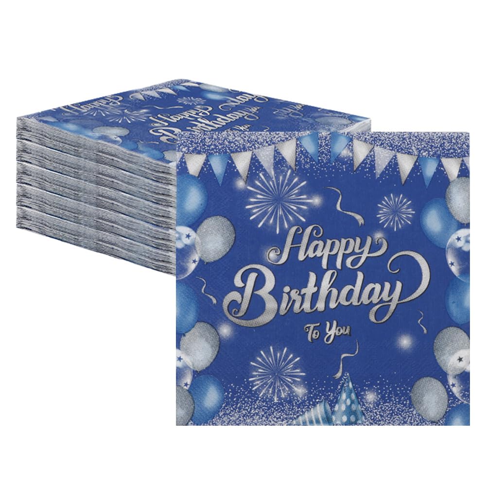 40 Pcs Happy Birthday Napkins - Blue Disposable Party Serviettes for Birthday Table Decorations Cocktail Supplies, 33X33cm