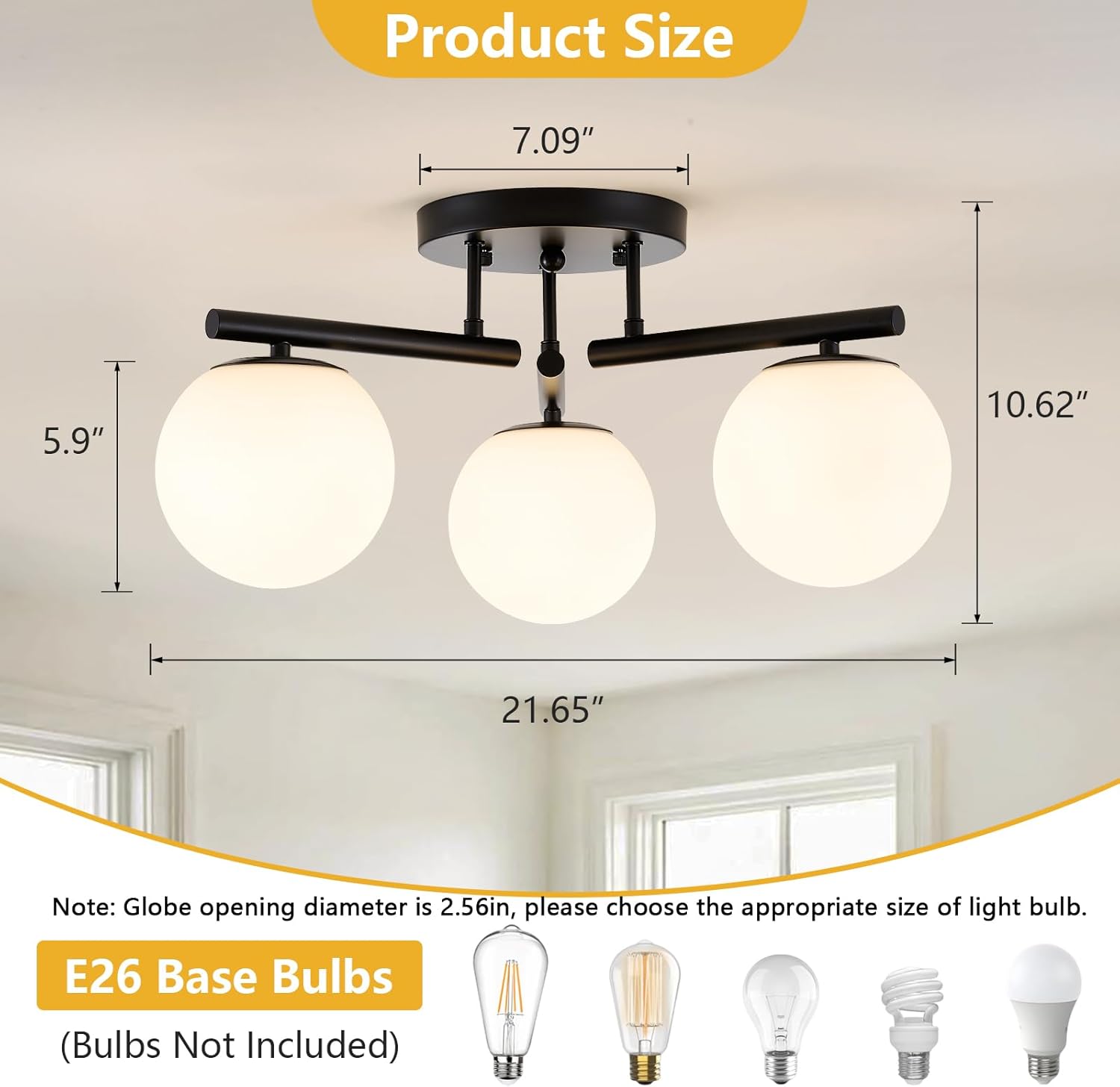 3 Light Modern Sputnik Semi Flush Mount Ceiling Light, Black Sputnik Ceiling Light Fixture, 21.65 '' Milky Glass Globe Mid Century Modern Ceiling Lights for Bedroom Hallway Living Room