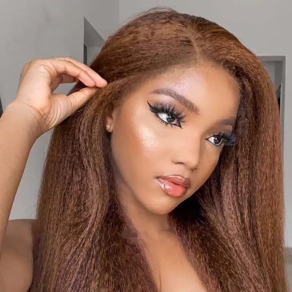 4C Kinky Edges Brown Kinky Straight Wigs Human Hair Pre Plucked HD Transparent Deep Pating 13X6 Lace Front Wigs Human Hair Chestnut Brown Yaki Straight Brazilian Hair Glueless Wigs 150% Density 14"