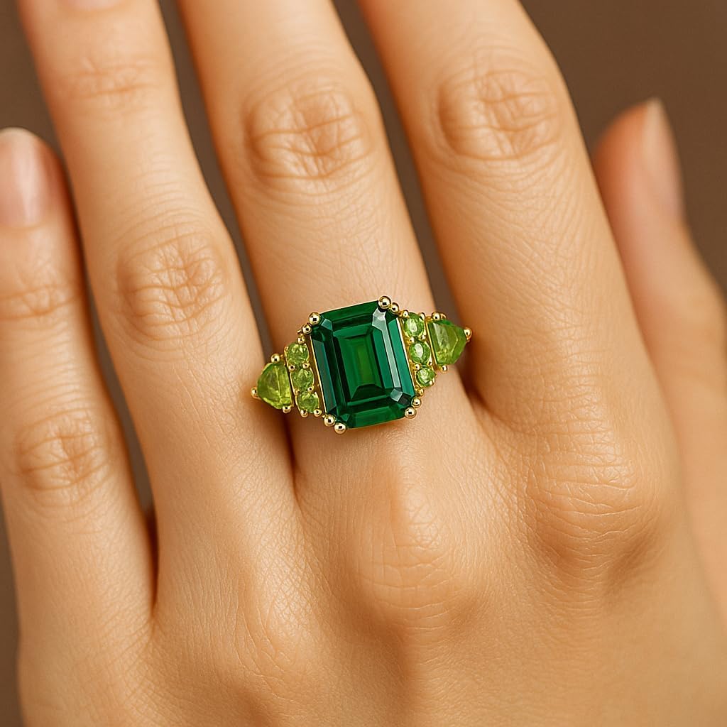 Emerald Cut Green Tourmaline Ring for Women 14K Yellow Gold Three Stone Cluster Peridot Ring Vintage Emerald Shape Engagement Anniversary Jewelry Gift