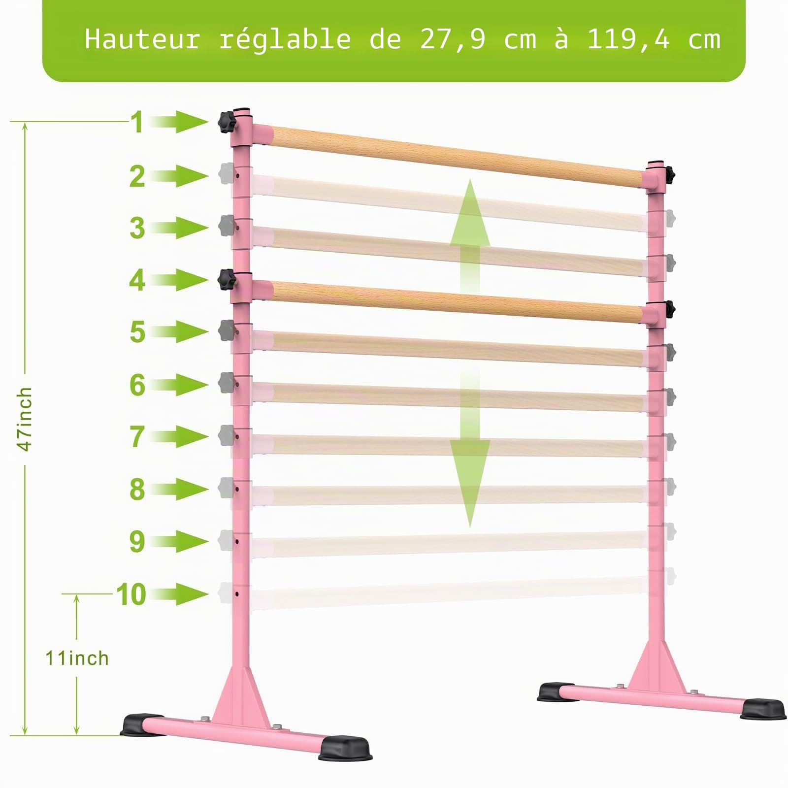 BeneLabel Barre de Ballet Autoportante Réglable en Hauteur 10 Niveaux, Antidérapant, 120 x 71cm, Enfants & Adultes