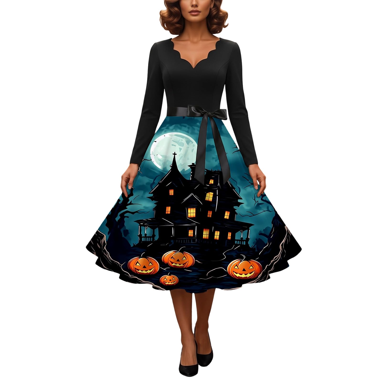 Halloween Costumes Adult Women 2026 Retropumpkin Skeleton Print Long Vintagewitch Dress V-Neck Long Sleeve A Line Swing Dress Party Cocktail Novelty Maxidresses