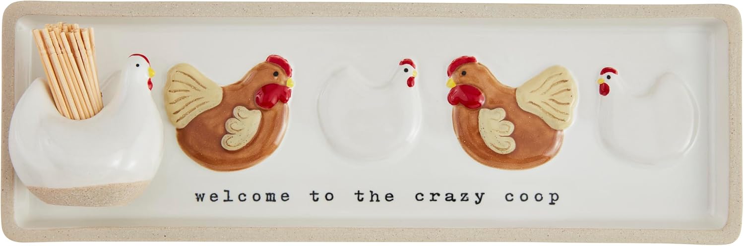 Mud Pie Farm Chicken Toothpick Tray; tray 3 1/4" x 11 1/4" | caddy 2 3/4" x 2 1/4"