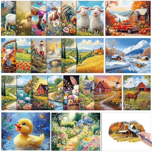 24 Pcs Reusable Water Painting Toys for Dementia Products for Elderly - Dementia Activities for Seniors with 4 Brushes – Water Doodle Crafts for Alzheimer's Adults & Nursing Home Gifts (Country)
