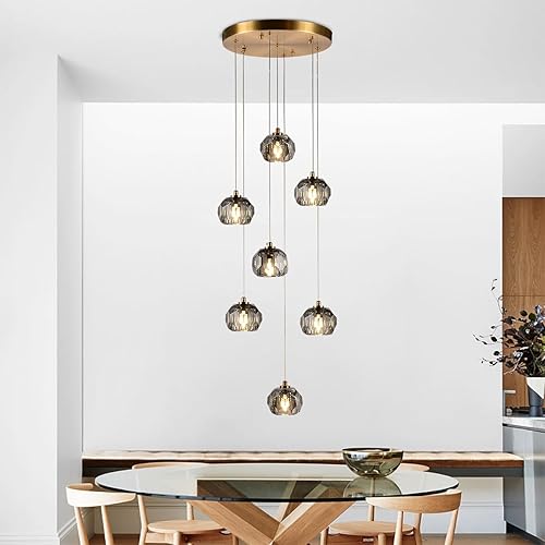 Lámpara colgante de cristal de 7 luces, luces colgantes de cristal ahumado de 21 W, lámpara colgante moderna de latón para comedor, cocina, isla y