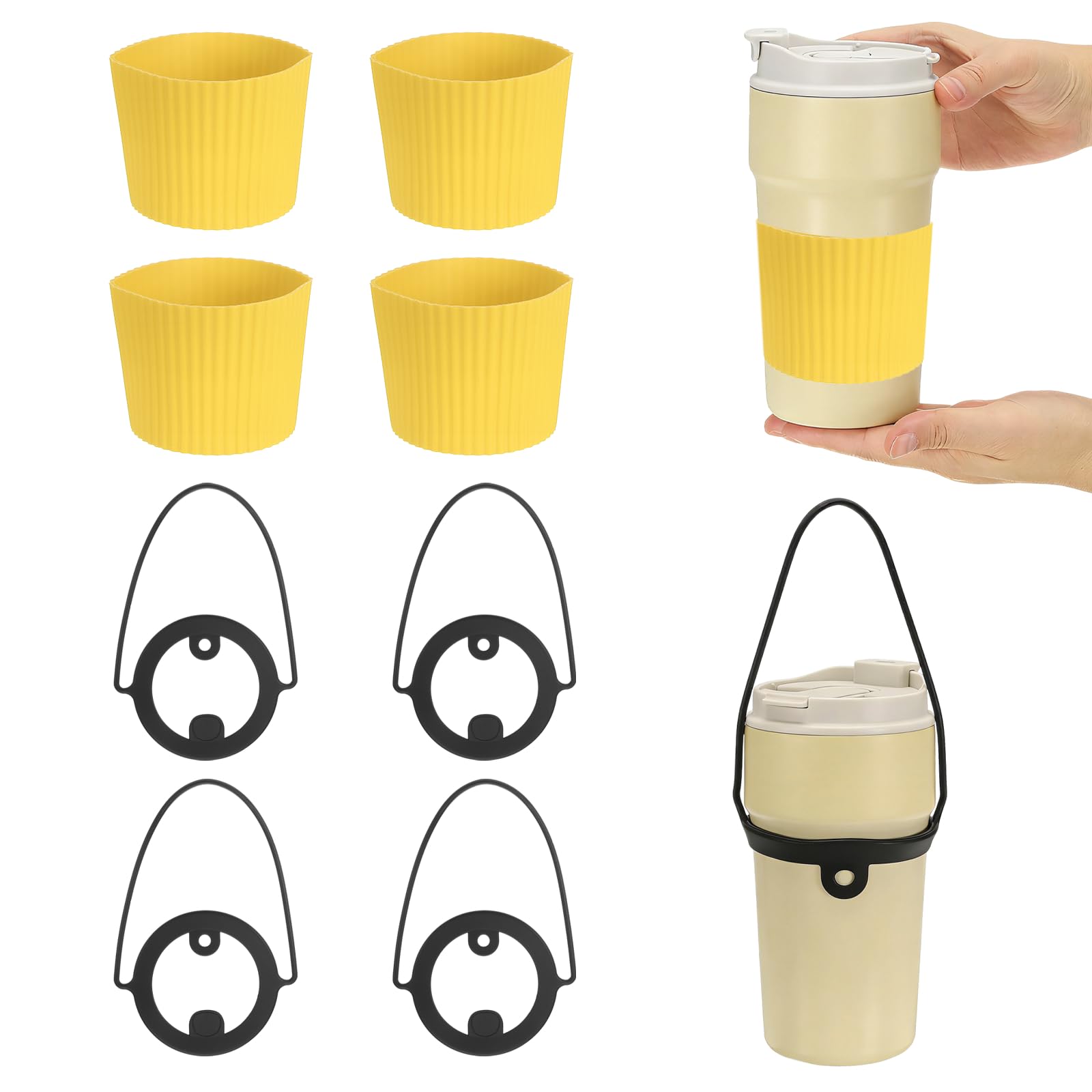 sourcing map Silicone Cup Sleeve, 4 Pcs Coffee Sleeves with Cup Black Handle Strap Heat Resistant Reusable Nonslip Glass Bottle Protector for Coffee Tea Cold Hot Drinks Home Travel, Dark Yellow