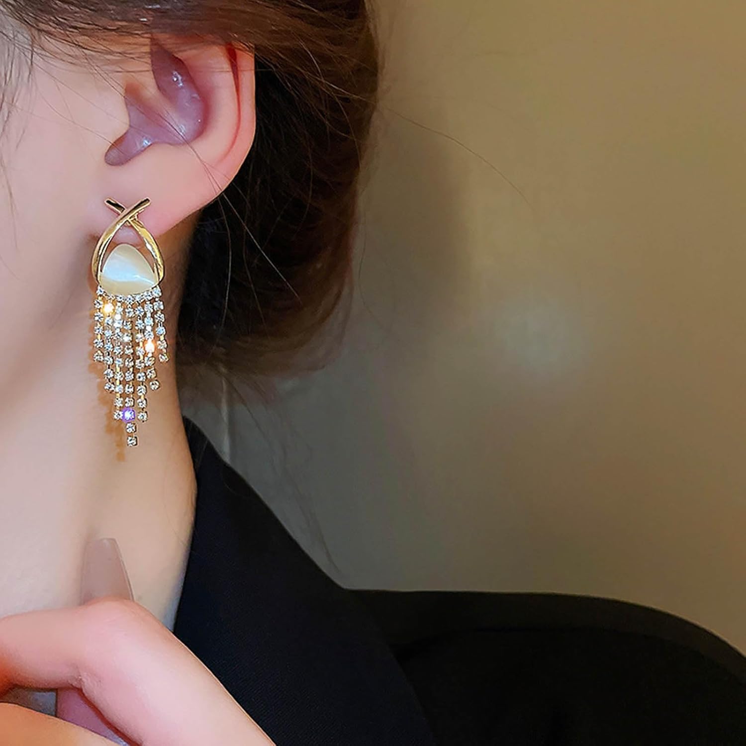W WEILIRIAN Crystal Tassel Drop Earrings for Women Boho Moonstone Stud Earrings Rhinestone Tassel Earrings Cz Tassel Chain Earrings Sparkly Bridal Wedding Earrings Jewelry for Girls Gifts - Image 2