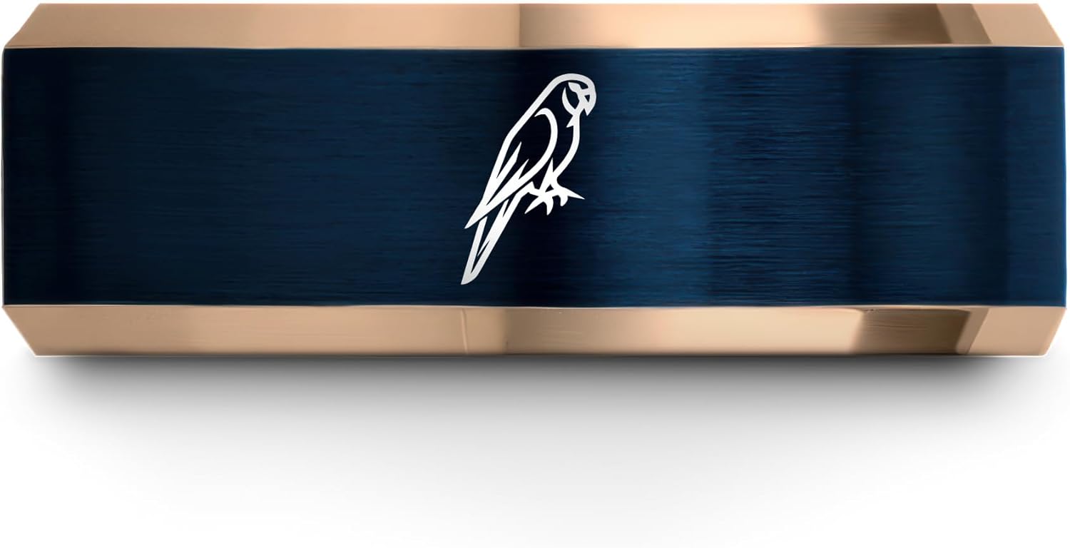 Gift for Bird Fan - Parrot Ring - 8mm - Yellow Rose Gold Blue Silver - Tungsten Carbide - Anniversary Wedding - Band - Flat Dome Bevel - Brushed Polished - Personalized Custom Engraving - Men Women
