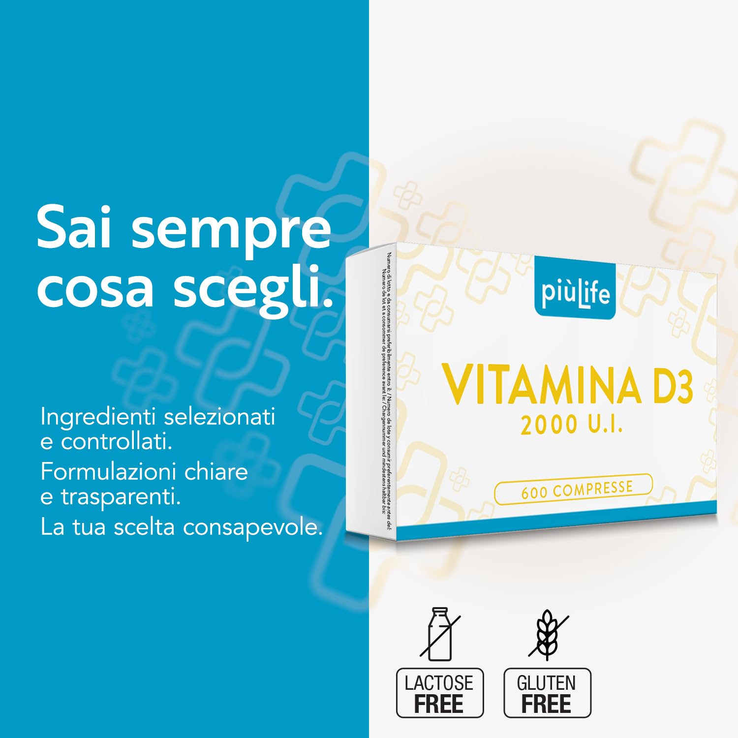 Vitamina D 2000 UI PiùLife, 600 Mini Compresse Vitamina D3 Masticabile (2cpr Per Dose), Integratore Vit D Pura, Difese Immunitarie, Ossa Muscoli Denti, Vit D3 Gluten Free, Lactose Free