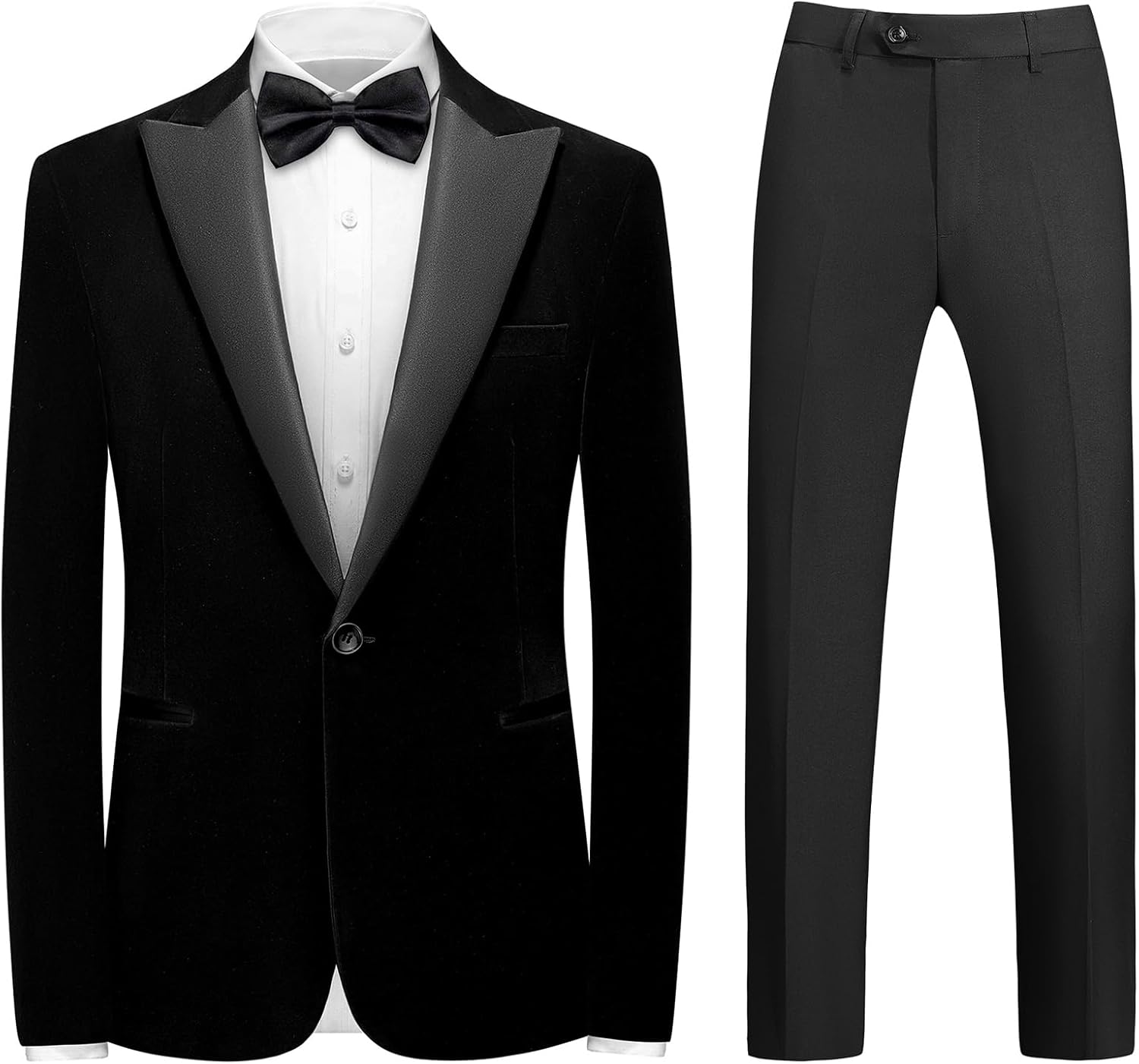 Mens Velvet Suit 2 Pieces Slim Fit Tuxedo Peak Lapel Blazer One Button Formal Jacket Pants for Wedding Prom Dinner