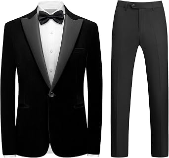Mens Velvet Suit 2 Pieces Slim Fit Tuxedo Peak Lapel Blazer One Button Formal Jacket Pants for Wedding Prom Dinner
