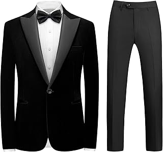 Mens Velvet Suit 2 Pieces Slim Fit Tuxedo Peak Lapel Blazer One Button Formal Jacket Pants for Wedding Prom Dinner
