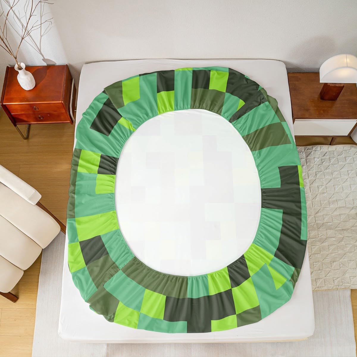 Pixel Grid Miners Kids Twin Size Fitted Sheet,Geometric Grid Patchwork Pixelated Boys Girls Bed Sheets,Cartoon Gamepad Video Games Room Decor,Cyan Green Bedding Set,1 Pillowcase(No Flat)